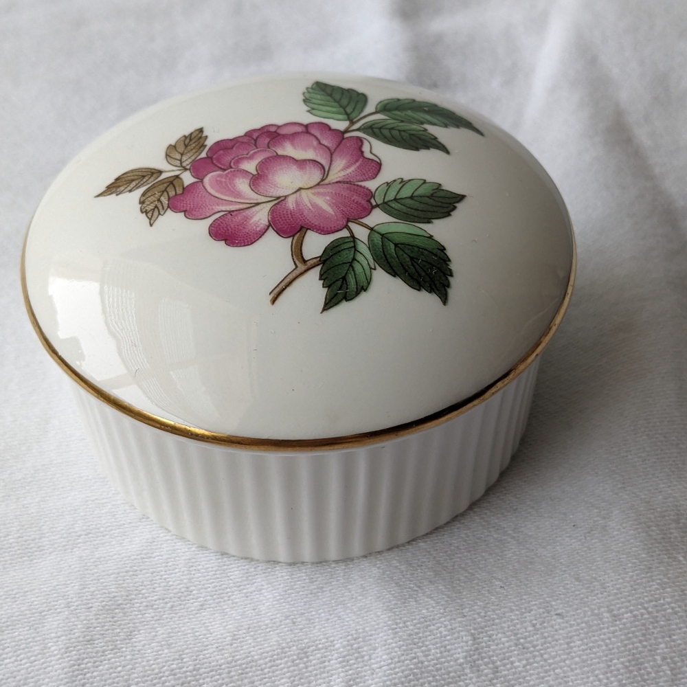 Vintage Wedgwood Charnwood Pink Floral Bone China White Trinket Box with Lid